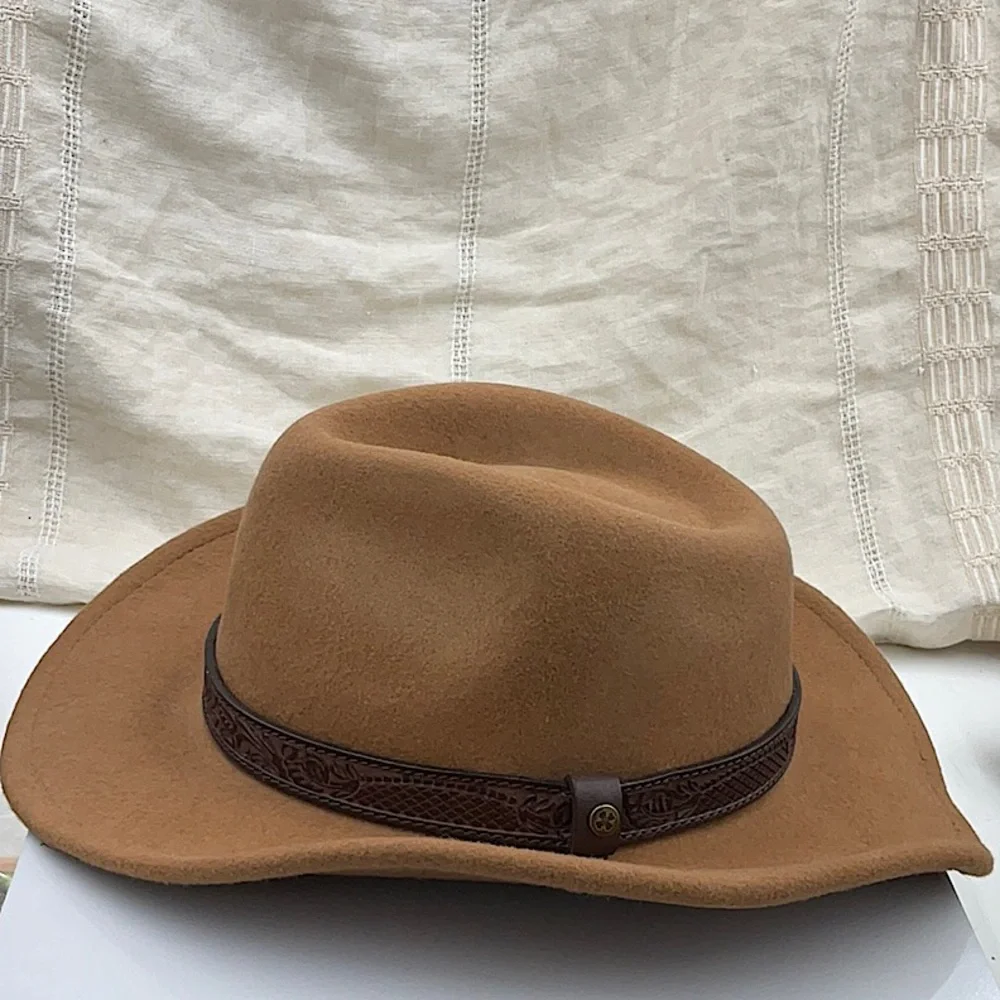 Lucky Brand 100% Wool Western Brown Leather Ranger Hat, Medium Beige
